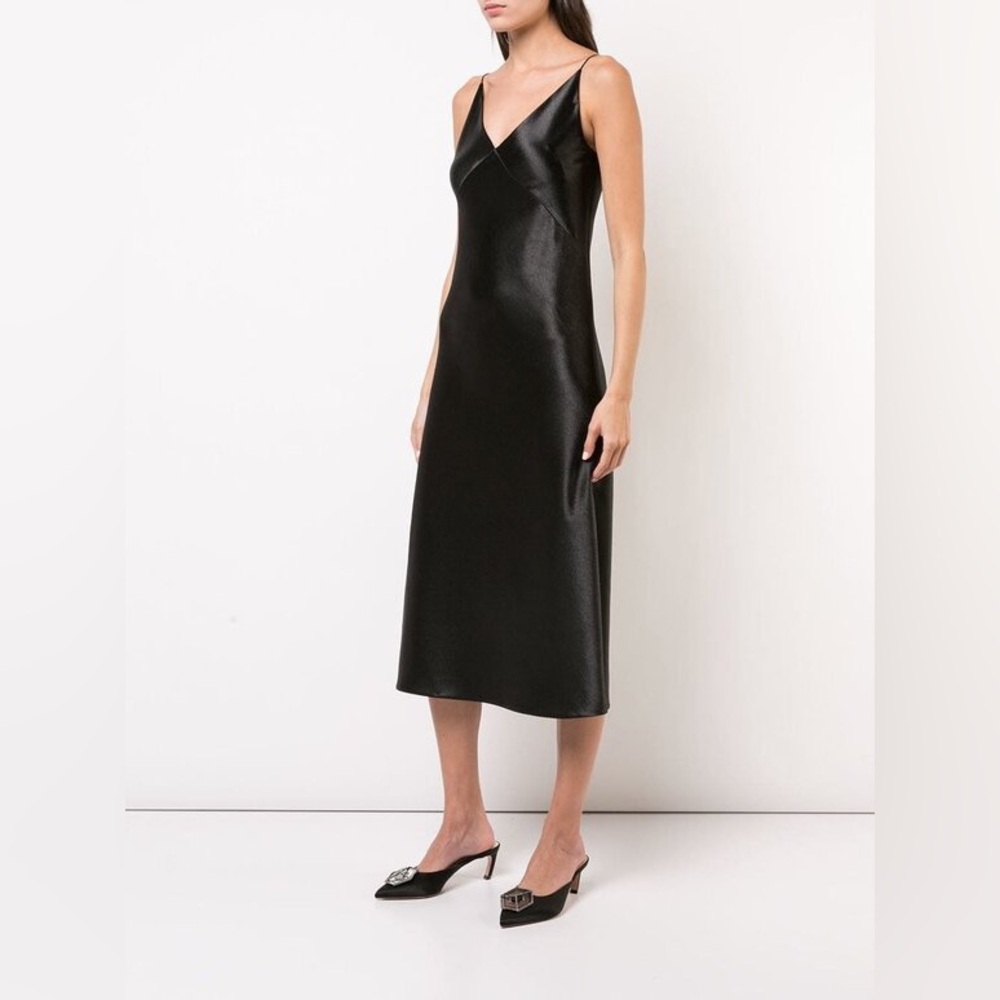 VINCE | Metallic Black Satin V-Neck Midi Slip Dress